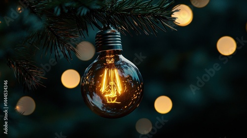 A Glowing Light Bulb Hanging from a Green Fir Branch