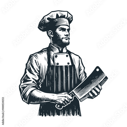Chef holding a meat cleaver – Black and White Icon Vector and Illustration