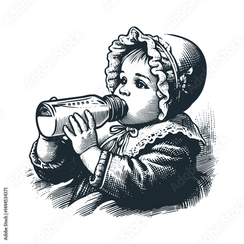 little brother baby drinking bottled milk . Black white vector illustration.