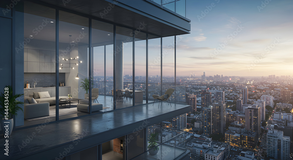 Obraz premium Modern Penthouse Apartment With City Views During Golden Hour