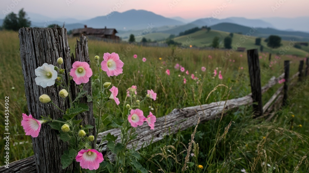 Obraz premium Pink and white flowers growing along a weathered wooden fence