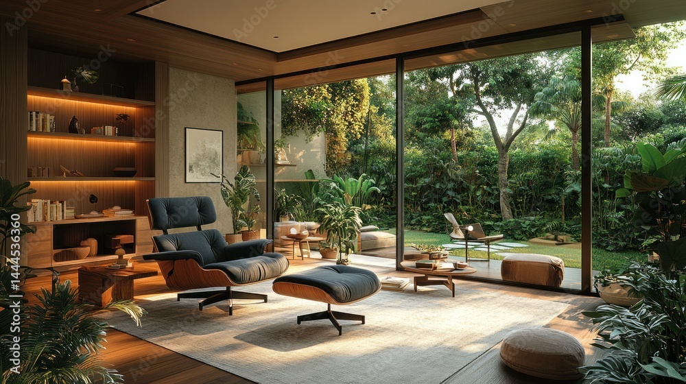 Fototapeta premium Modern, sun-drenched living area with lush garden views