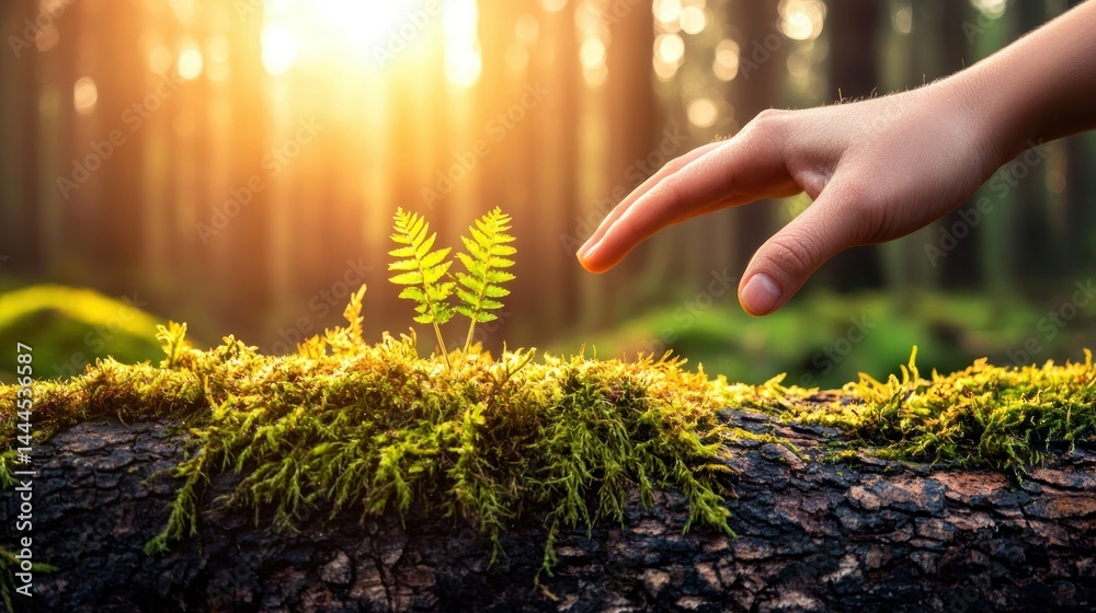 Fototapeta premium A hand reaching toward new growth in a tranquil forest setting