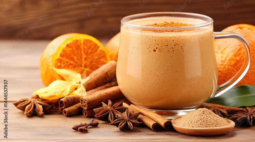 Delicious beverage with cinnamon orange slices and various spices nearby