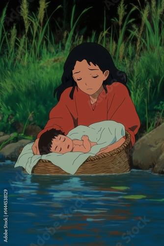 
Cartoon : A heart-wrenching scene set in ancient Egypt, depicting a young Hebrew mother, Jochebed, dressed in simple linen garments, kneeling beside the Nile River. 