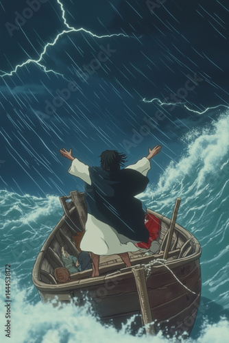 Cartoon : A highly detailed and realistic image of Jesus standing in a small wooden fishing boat during a violent storm at sea. 