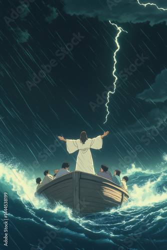 Cartoon : A highly detailed and realistic image of Jesus standing in a small wooden fishing boat during a violent storm at sea. 