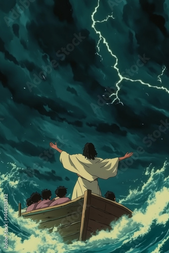 Cartoon : A highly detailed and realistic image of Jesus standing in a small wooden fishing boat during a violent storm at sea. 