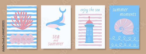 Abstract summer sea posters, cards in doodle style with hand drawn shell, vit, lighthouse and corals.