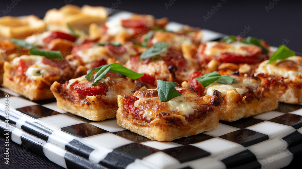 Delicious mini pizzas with fresh tomatoes and basil on a checkered platter Delicious mini pizzas with fresh tomatoes and basil on a checkered platter