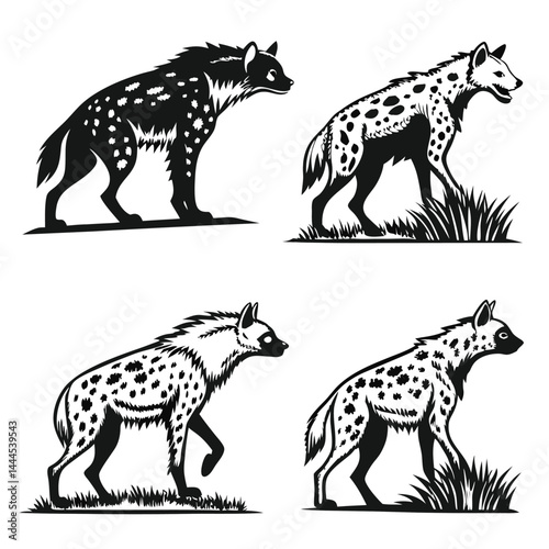 Hyena Silhouette Set, Four Black And White Cartoon Images of Mammals With Spots