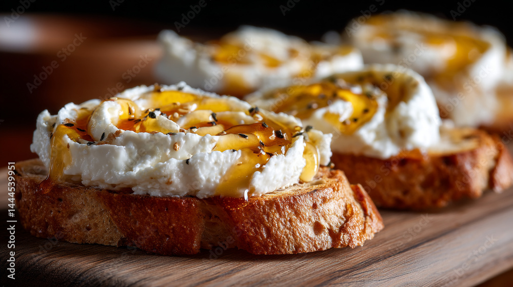 Delicious honey and cheese toast with herbs on wooden board in cozy kitchen setting Delicious honey and cheese toast with herbs on wooden board in cozy kitchen setting
