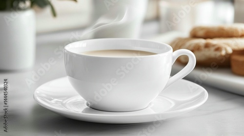 White ceramic cup of hot coffee or tea on saucer, with steam rising, on a light marble table, with biscuits in background.