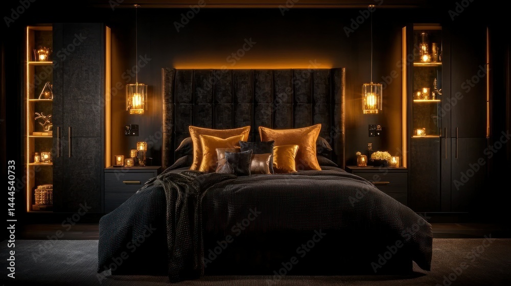 Fototapeta premium A modern bedroom interior with elegant furniture and warm lighting