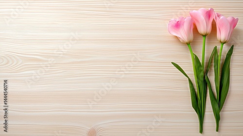 A delightful bouquet of three pale pink tulips rests on a light beige wooden surface providing ample copy space for text or design elements.