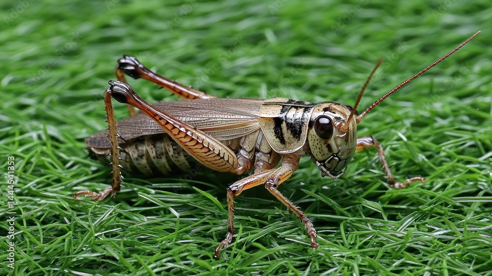 Cricket resting on a blade of grass under soft lighting Cricket resting on a blade of grass under soft lighting