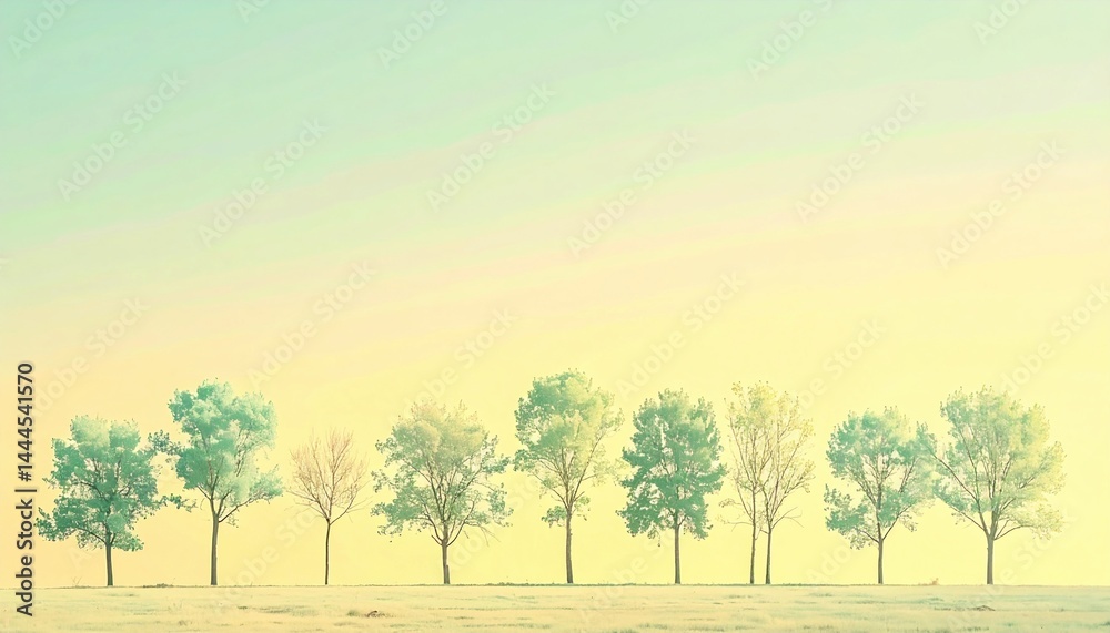 Fototapeta premium Serene tree line at sunrise outdoor nature scene landscape photography tranquil environment wide angle view natural beauty