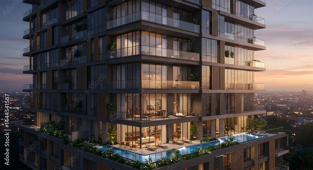 Modern Luxury Apartment Building With Balcony Pool At Dusk
