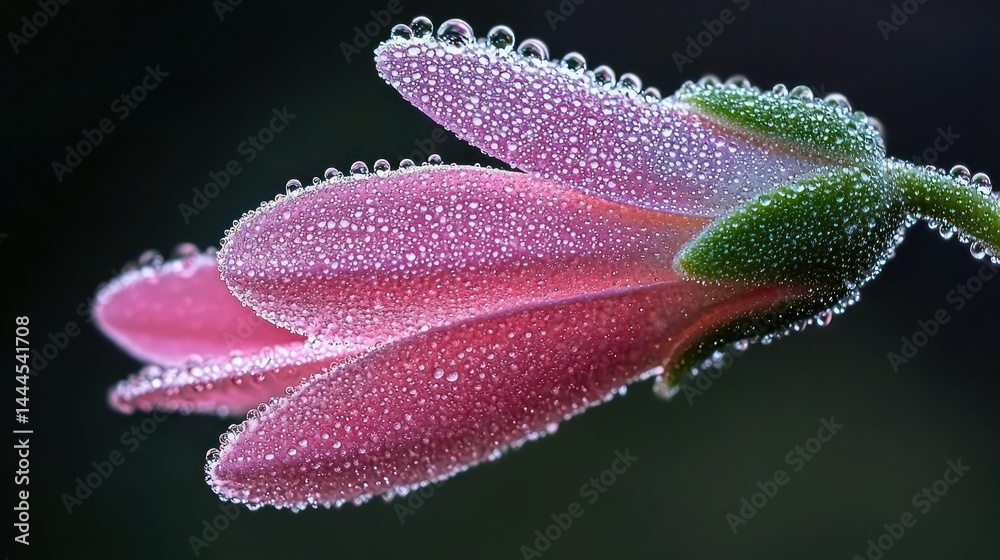 Fototapeta premium Close up of a pink flower bud covered with tiny water droplets