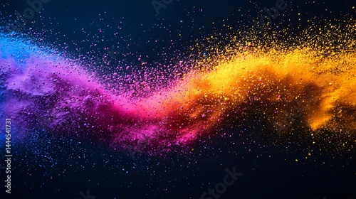 Stunning magenta and yellow powder explosion on black background with vibrant contrast