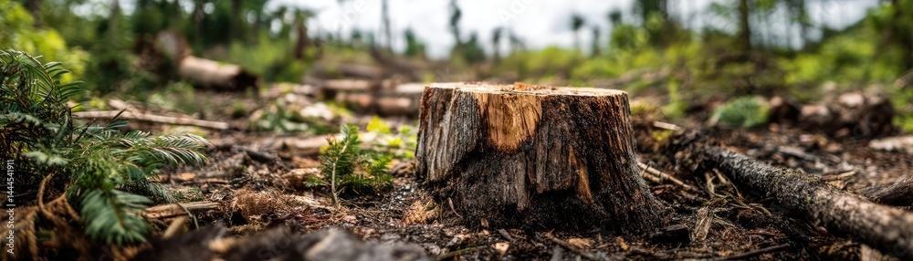 Tree stump representing environmental damage and forest decline concept. Tree stump in a serene forest setting with green vegetation. Tree stump representing environmental damage and forest decline concept. Tree stump in a serene forest setting with green vegetation.