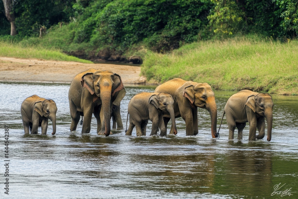 Obraz premium Elephants and baby calf wade through the river in Pin, enjoying a serene moment in nature, Elephants herd with young baby calf on river of Pinnawala in Sri Lanka