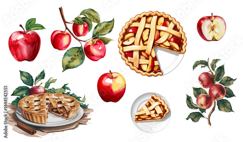 A variety of pies and apples, with some pies missing slices. The pies are arranged on plates, and the apples are scattered throughout the scene. Scene is one of abundance and indulgence