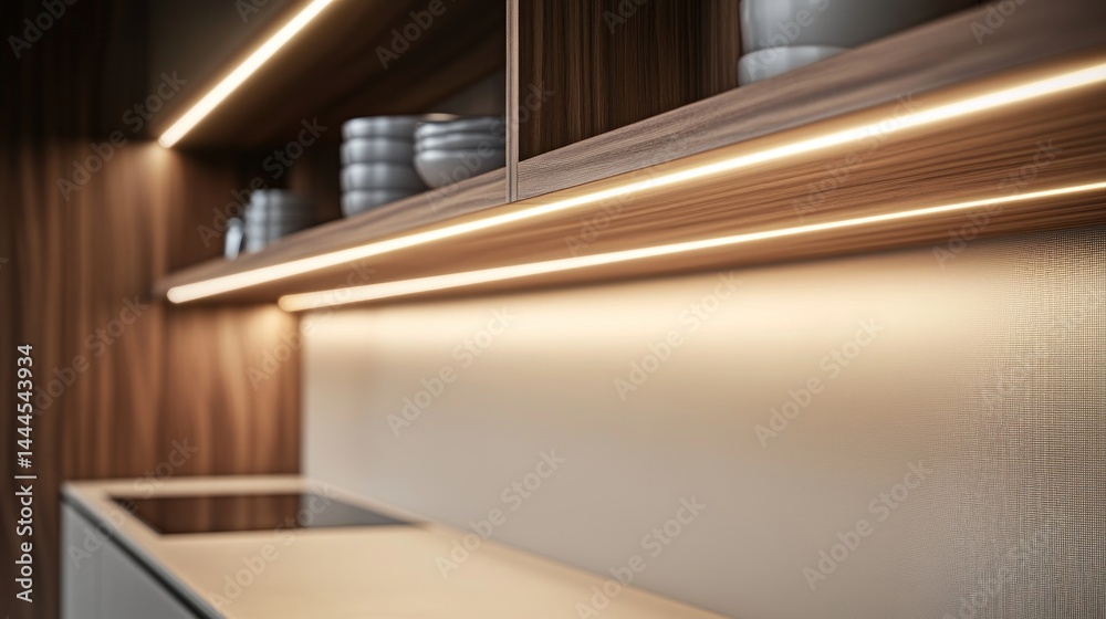 Obraz premium Modern kitchen interior with ambient lighting and shelves