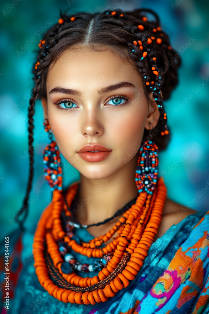Fototapeta premium A woman wearing a blue dress and orange necklace and earrings
