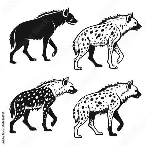 Hyena Silhouette Set, Walking, Wildlife, Animal, African, Black and White, Monochrome