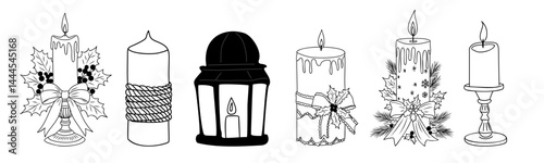 Christmas candles set with ribbon bows and pine and holly branches. Outline hand drawn sketch line art Vector illustrations isolated on transparent background