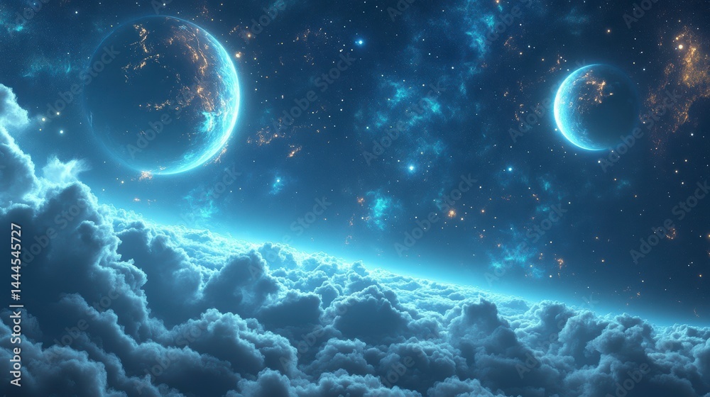 Glowing planets above a sea of clouds in a vibrant nebula. Glowing planets above a sea of clouds in a vibrant nebula.