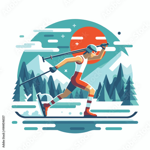 biathlon, sport, competition, winter, vector, illustration, snow, athlete, ski, isolated, skier, activity, speed, man, background, action, equipment, game, white, silhouette, healthy, active, icon, ra