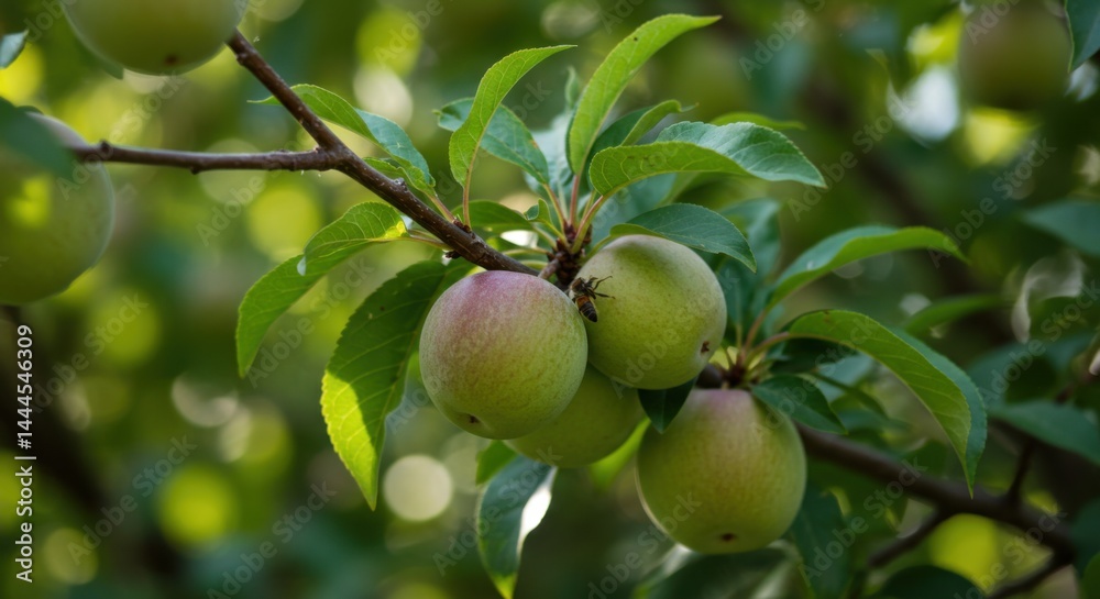 Green apples hanging from a branch in natural sunlight Green apples hanging from a branch in natural sunlight