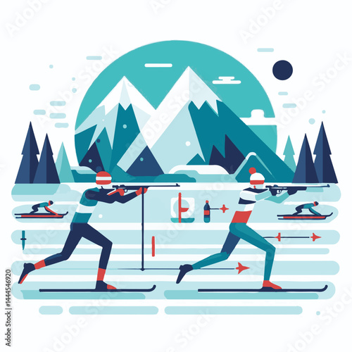 biathlon, sport, competition, winter, vector, illustration, snow, athlete, ski, isolated, skier, activity, speed, man, background, action, equipment, game, white, silhouette, healthy, active, icon, ra