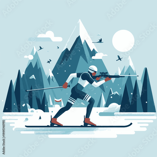 biathlon, sport, competition, winter, vector, illustration, snow, athlete, ski, isolated, skier, activity, speed, man, background, action, equipment, game, white, silhouette, healthy, active, icon, ra