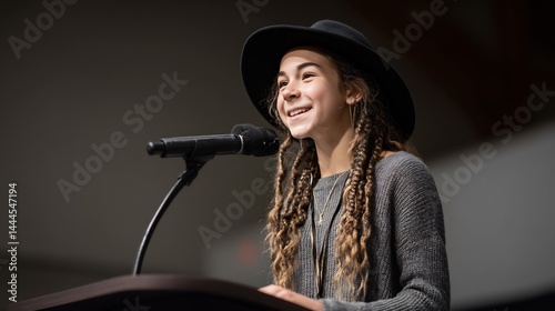 Confident young speaker delivering an engaging presentation at podium event