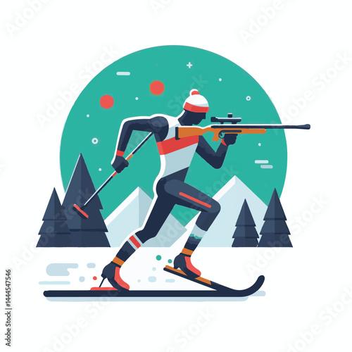biathlon, sport, competition, winter, vector, illustration, snow, athlete, ski, isolated, skier, activity, speed, man, background, action, equipment, game, white, silhouette, healthy, active, icon, ra