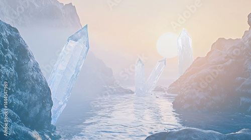 A tranquil river scene featuring ice-covered rocks reflecting serenity in a dreamlike surreal environment with soft ambient illusions