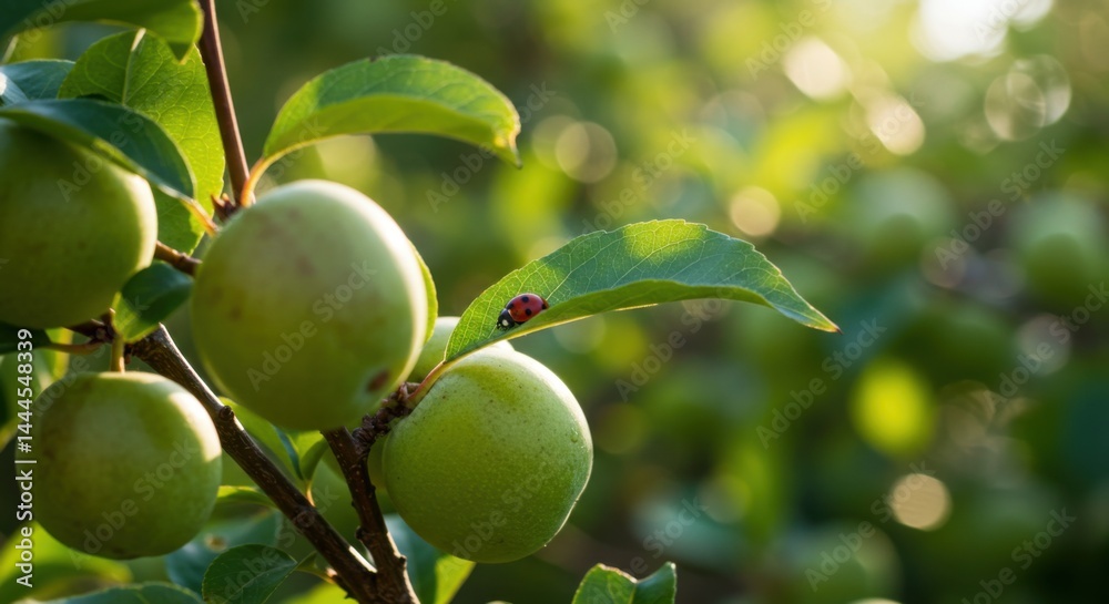 Green fruits on branch with sunlight and green leaves Green fruits on branch with sunlight and green leaves