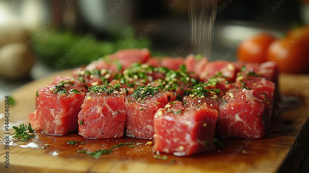 Preparation of fresh beef cubes for cooking, close-up capture on wooden board Preparation of fresh beef cubes for cooking, close-up capture on wooden board