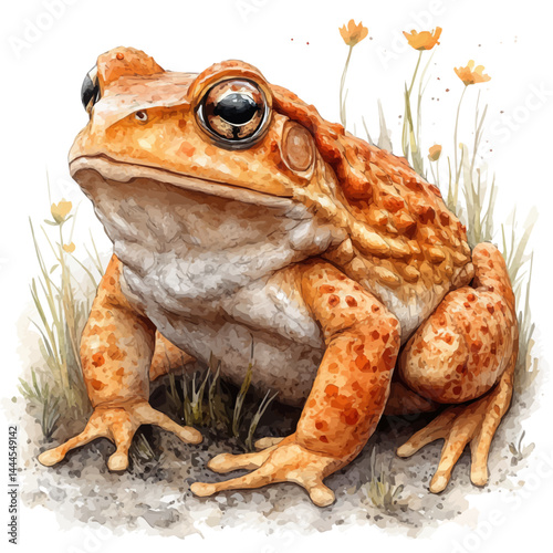 Early Amphibian Evolving In A Swamp, vector watercolor illustration, isolated on a white background. photo