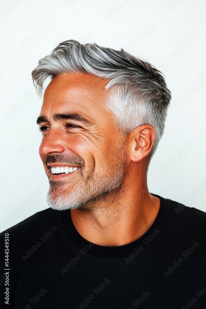 Obraz premium Pure white solid background. A relaxed and poised man showing grace. Pattern idea of style for aging men. Elegant men's high fade haircut - midlife white man with grey hair.