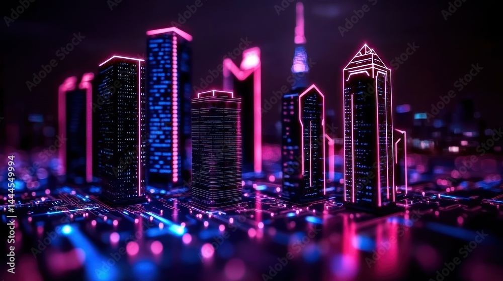 Fototapeta premium Neon Illuminated Cyberpunk City Depicted With Futuristic Blue And Pink Lights