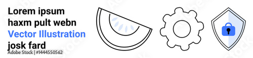 Watermelon slice, gear, shield with lock. Ideal for technology, security, innovation, protection, concepts data analytics visual identity. Flat landing page banner
