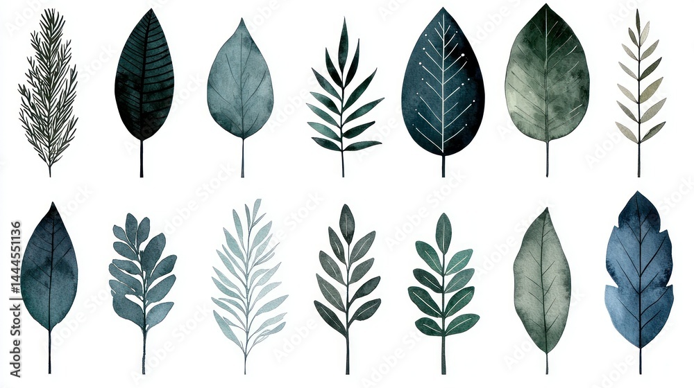 Fototapeta premium Watercolor painted collection of assorted leaves and foliage elements
