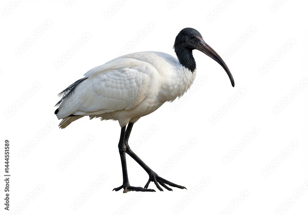 A white ibis with black head and long beak standing on a white background in a studio shot image A white ibis with black head and long beak standing on a white background in a studio shot image