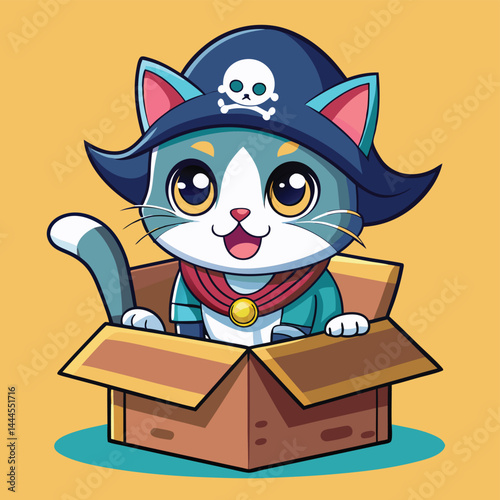Set sail with a cute pirate cat in a cardboard box, ready for a swashbuckling adventure. This whimsical scene captures the playful and imaginative spirit of cats, perfect for cat lovers and those who 