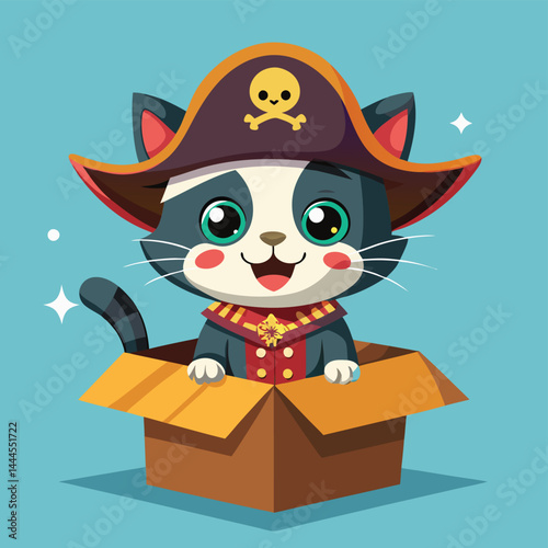 Set sail with a cute pirate cat in a cardboard box, ready for a swashbuckling adventure. This whimsical scene captures the playful and imaginative spirit of cats, perfect for cat lovers and those who 