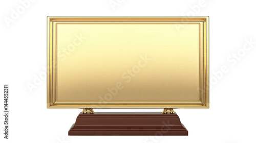 Gold plaque award on mahogany base isolated on transparent white background, clipping path